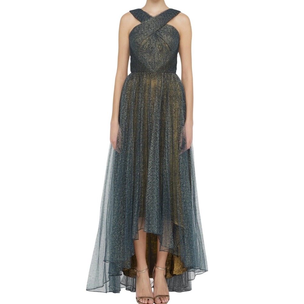 Theia Linda Sunburst Metallic Pleated High Low Gown Navy Gold Size 4 NWT $825
